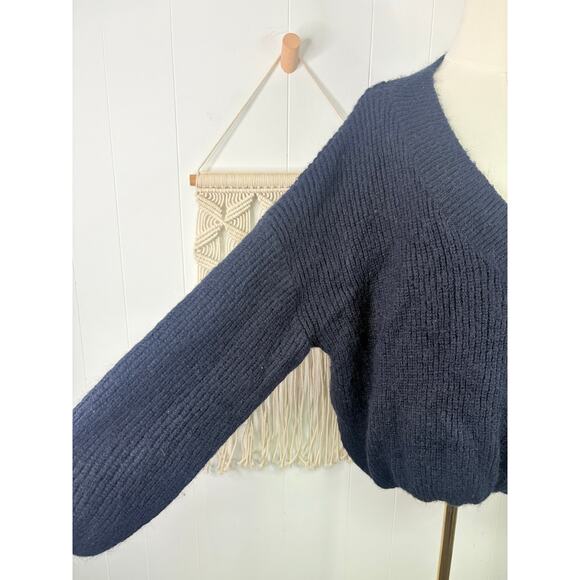 Zara Stretch Wool Blend V Neck Sweater Size Large Navy Blue Oversized Slouchy - Picture 5 of 9